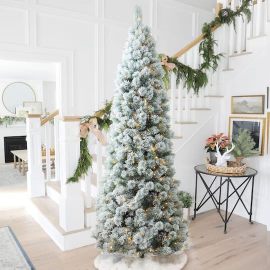 9ft. Pre-Lit Flocked Pine Pencil Artificial Christmas Tree, Warm White LED Lights